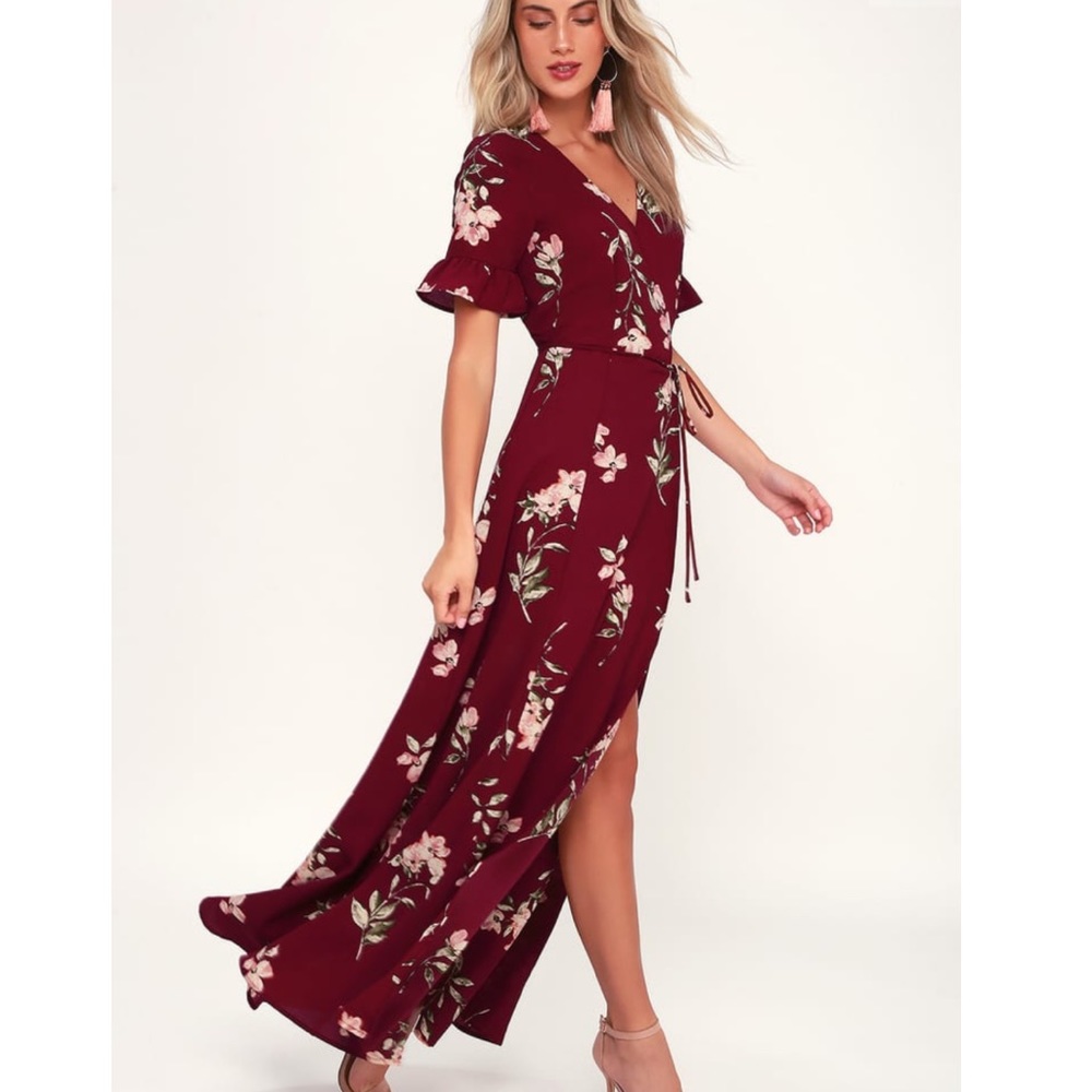 Burgundy Floral Wrap Maxi Dress